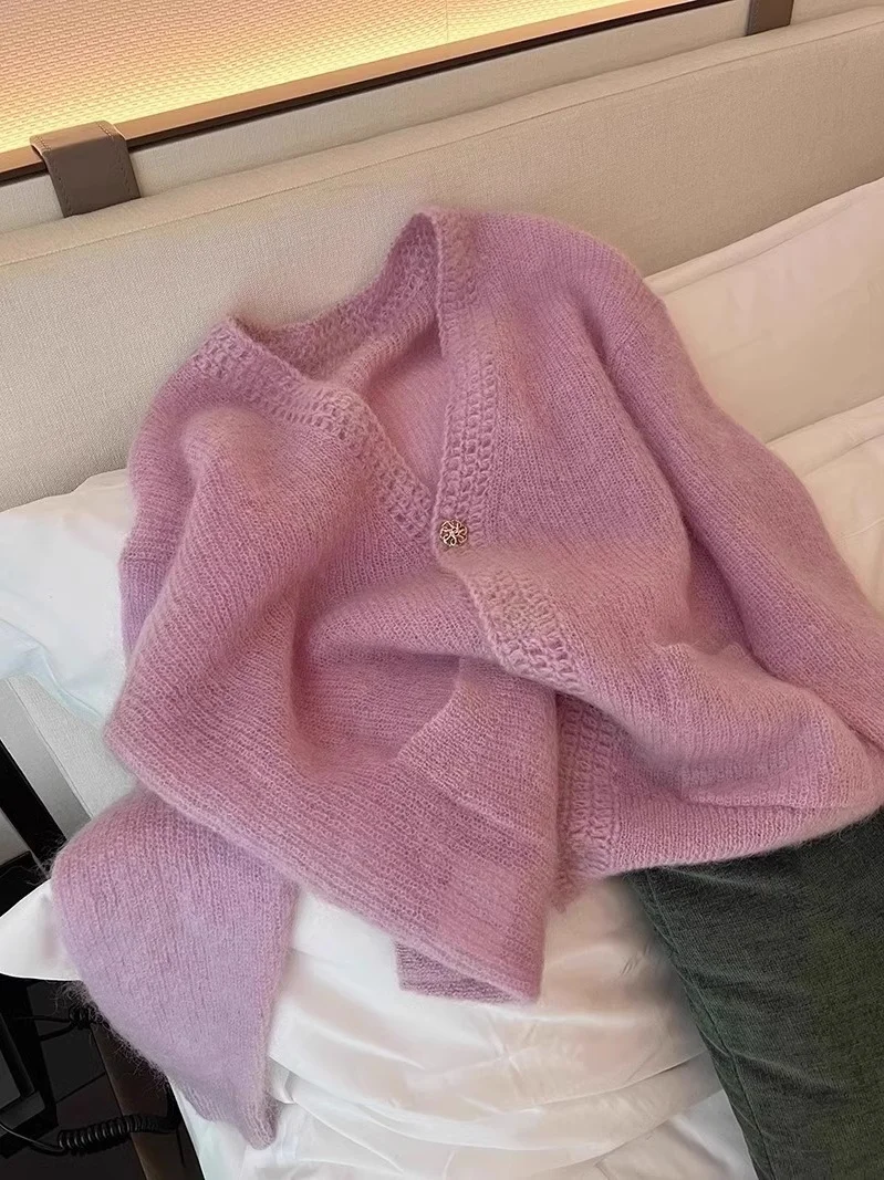 

Sweet Soft Knitted V-Ne Cardigan Sweater Women's Faion Autumn Small Figure Top Ins Korean Sle Long Sve Regular Fit