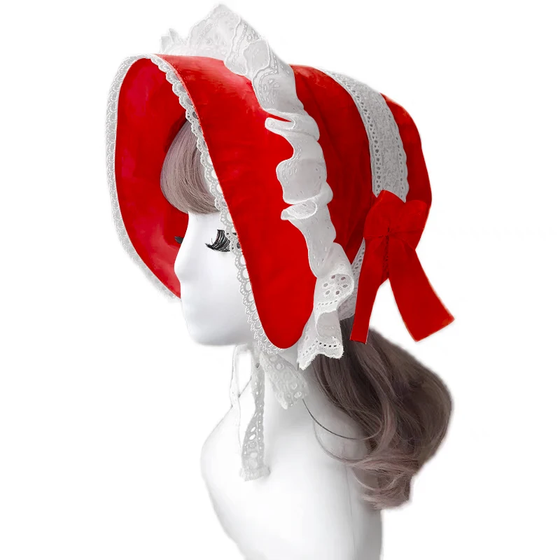かわいい女性ロリータボンネットヴィンテージビクトリア朝の帽子綿レースピンクモップコスプレアクセサリー