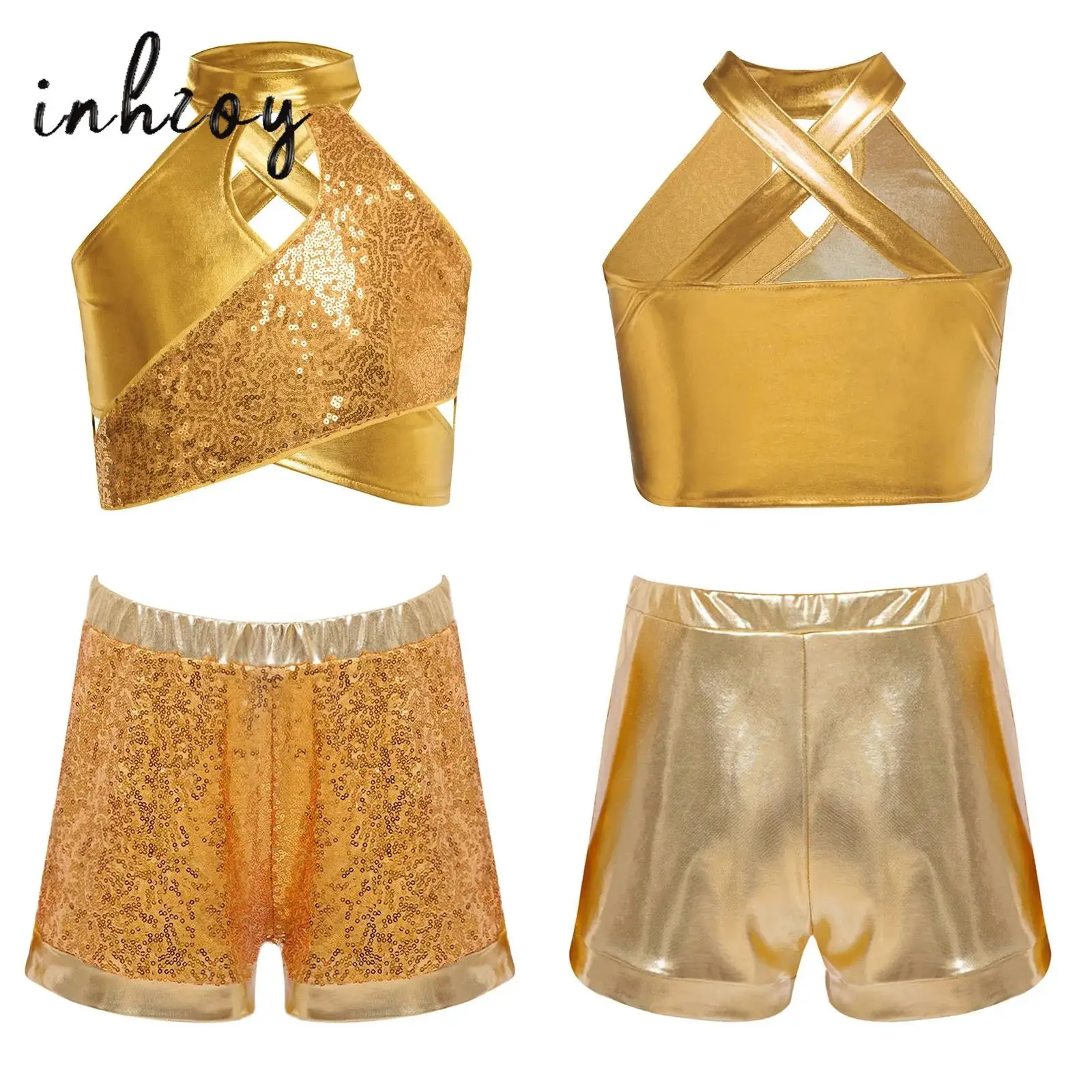 

Kids Girls Hip-hop Jazz Dance Outfits Cross Keyhole Sparkly Sequins Metallic Crop Top with Shorts Outfit Ballroom Streetwear