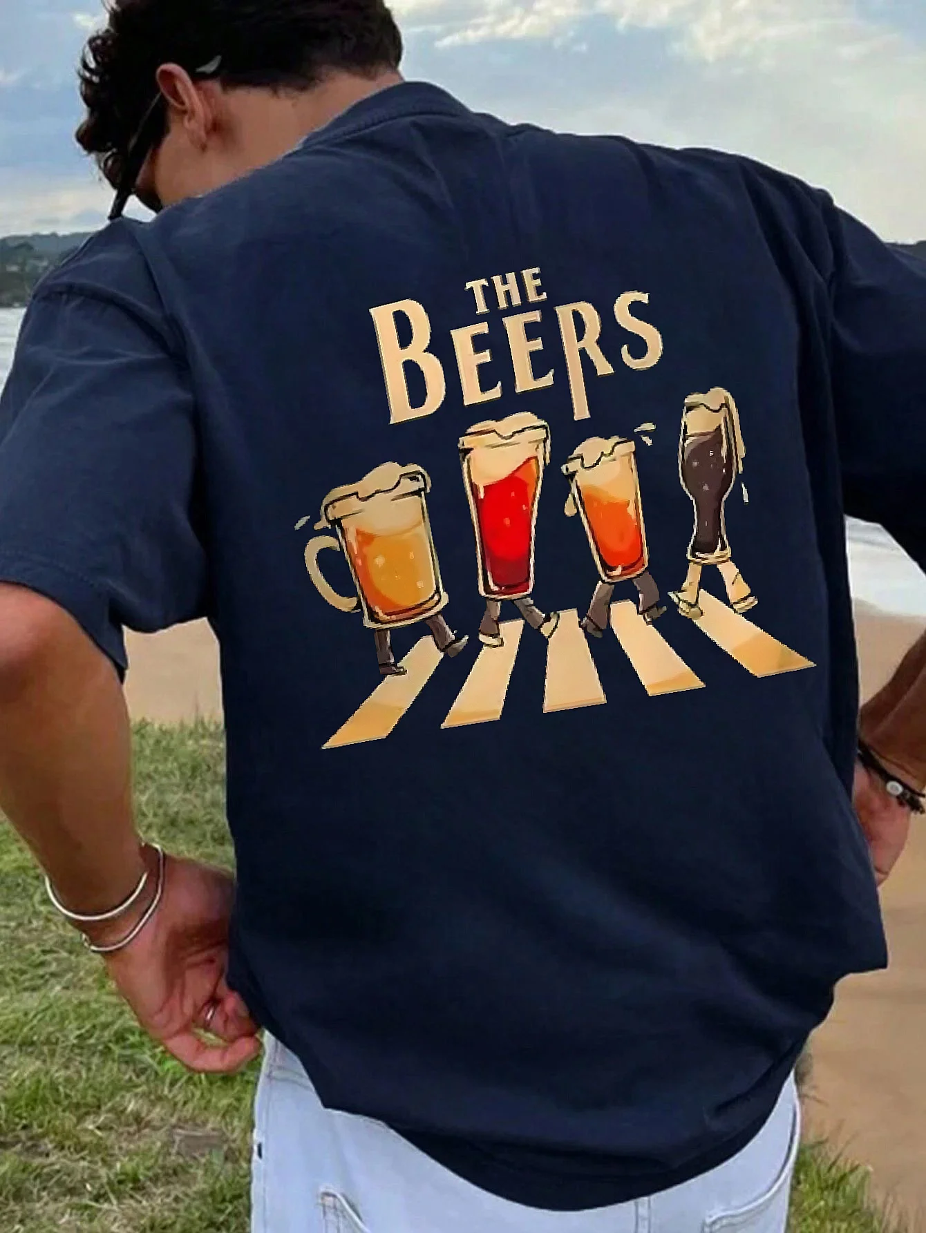 Humorous Beer Crossing Road Print on 100 Cotton Mens T Shirt Ideal for Summer Casual Outings and Parties
