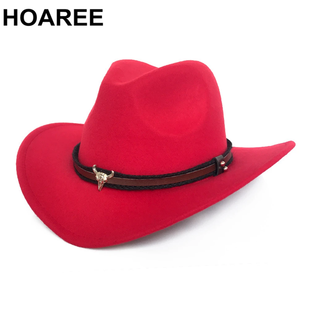 HOAREE Red Western Cowboy Hat Women Men Cow Gentleman Jazz Sombreros Hombre Cap Vintage Autumn Winter Elegant Lady Cowgirl Hats