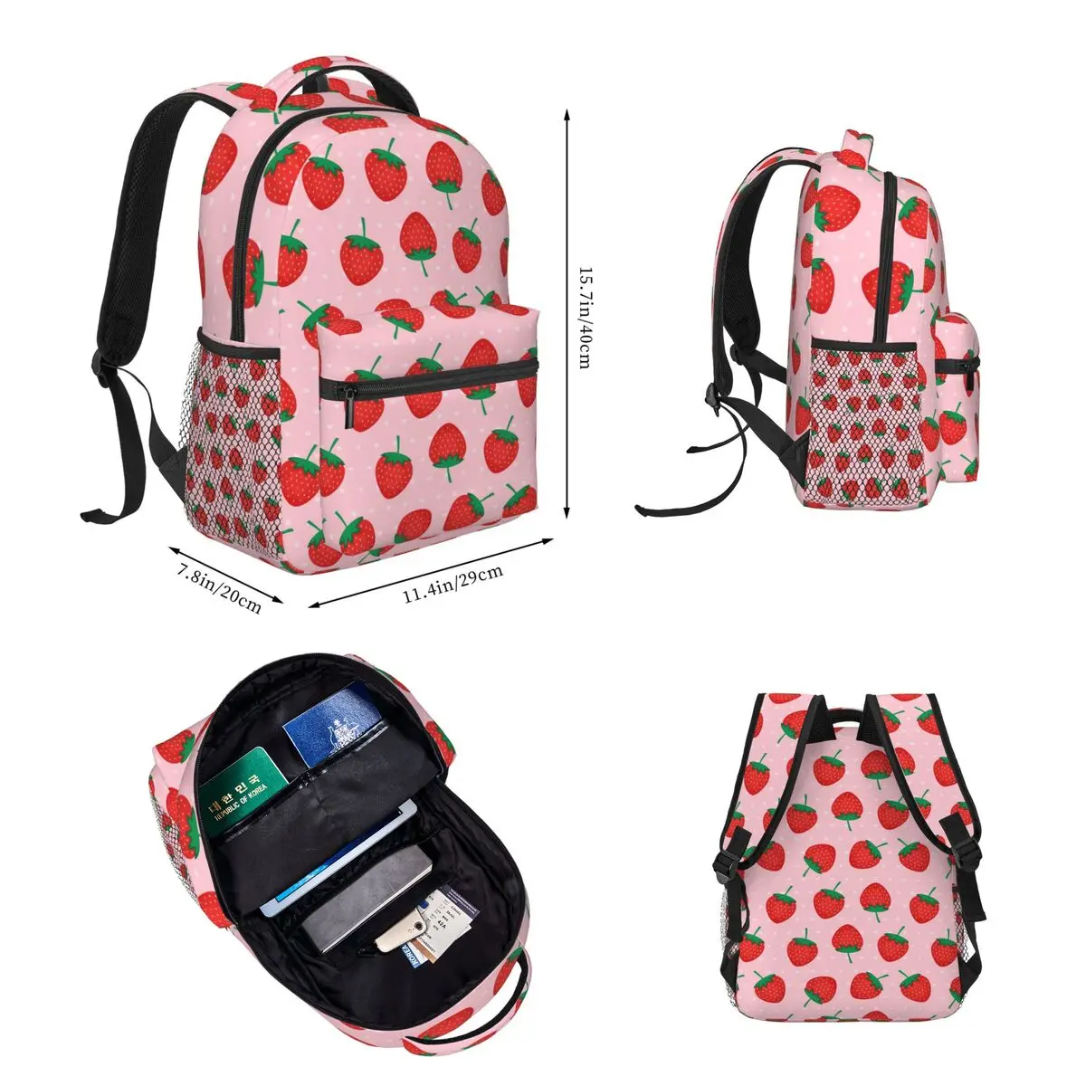 Pink Summer Strawberries Print Backpacks Girls Bookbag Students School Bags Cartoon Rucksack Lunch Bag Pen Bag Three-Piece Set