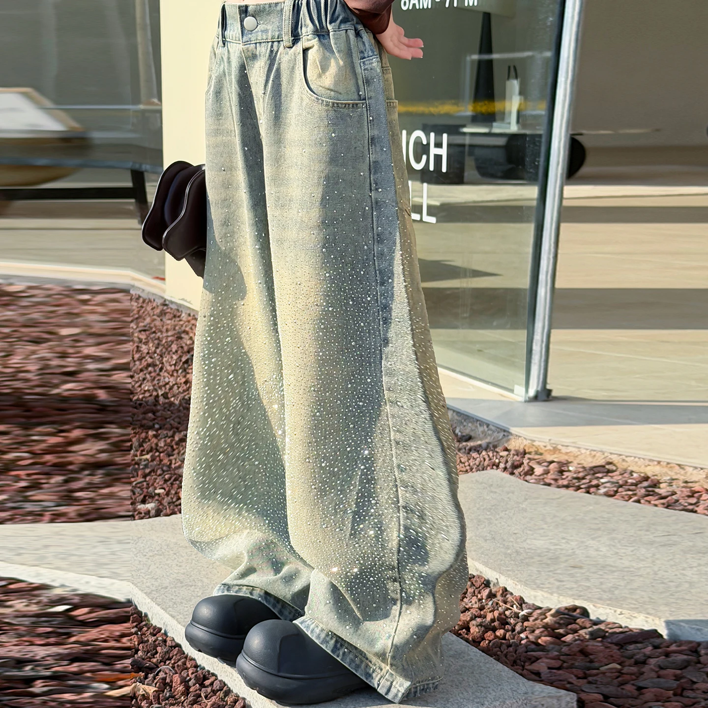 Kids Girls Sparkle Rhinestone Wide Leg Jeans Casual Denim Pants Children's Fashion Trousers Vintage Baggy comfort Y2K Streetwear
