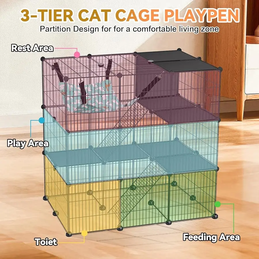 

Cat Cage, 3-Tier DIY Cat Enclosures Catio, Cat Playpen Indoor & Outdoor with Hammock, Detachable Metal Wire Kennel Cats Crate, 2