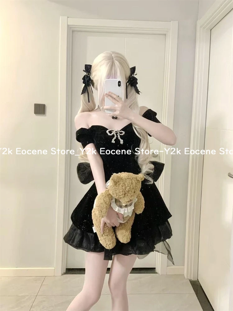 블랙 프랑스어 빈티지 원피스 드레스 여자 고딕 오프 어깨 활 레트로 미니 드레스 여성 요정 생일 파티 세련된 복장 2025