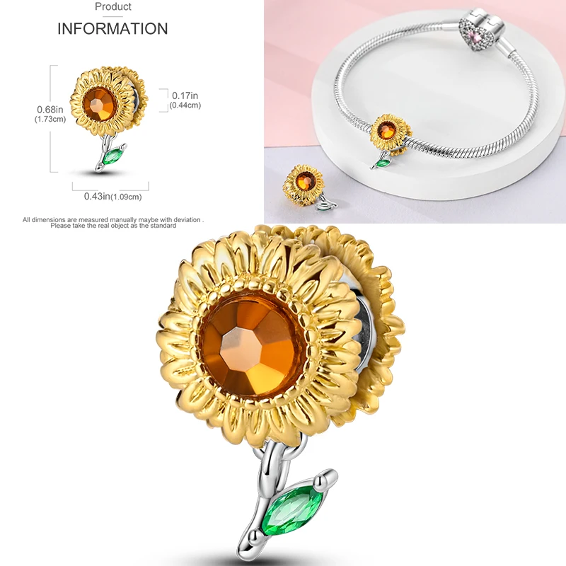 Katzen- und Sonnenblumen-Charm aus 925 Sterling Silber, gelbe Blume, Sonnenblume, Hausperlen, passend für Original-Armreifen, Damen-DIY-Schmuck – Detail 29