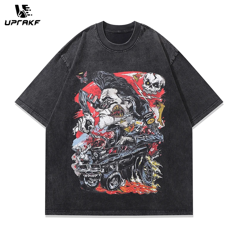 UPRAKF Vintage Washed T Shirts Loose Cotton Fashion Cartoon Print Tee Casual Streetwear Short Sleeve Round Neck Summer