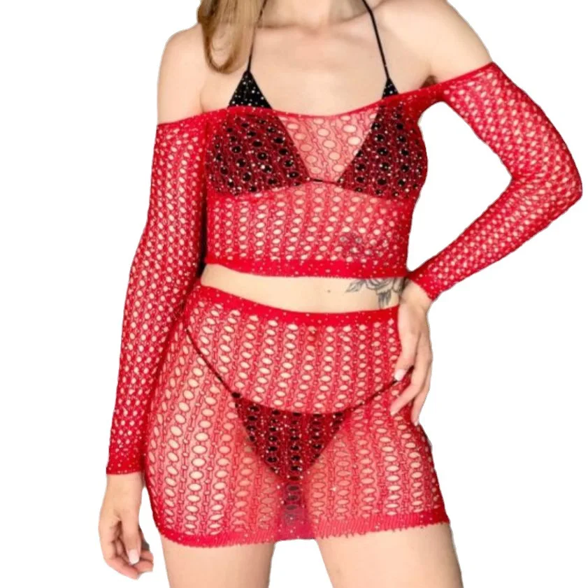 Foreign trade cross-border women\'s hot diamond long-sleeved tops and skirts set 2-piece split shiny sexy underwear net cloth