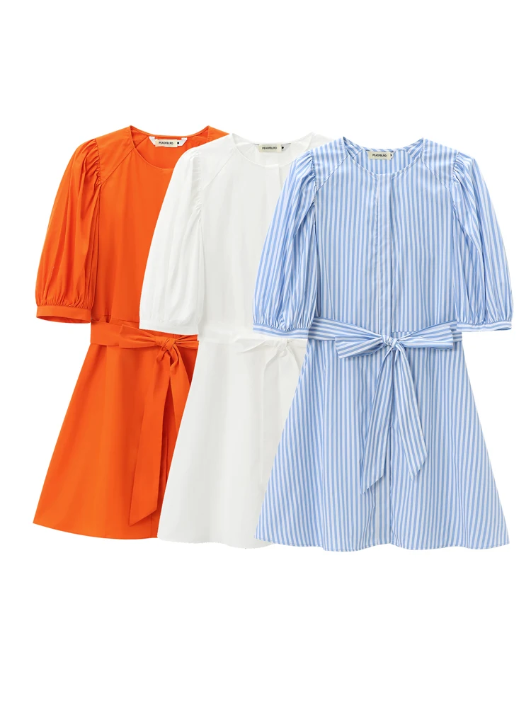 

KAOPU ZA Women with belt striped poplin mini dress vintage o-neck puff short sleeves button-up female dresses vestidos mujer