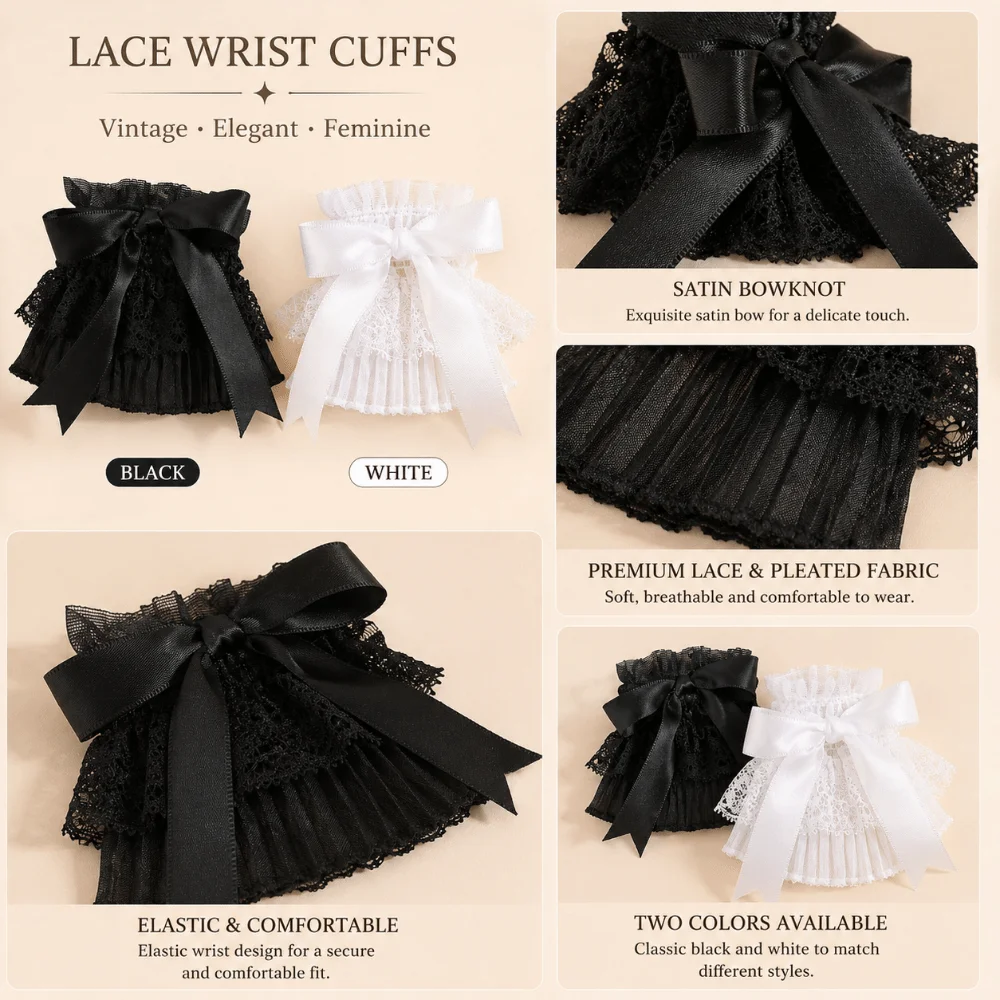 Pleated Ruched Detachable Cuffs Elastic Mesh Flower Jk Lace Fingerless Gloves Double Layer Bow Lace Wrist Cuffs Lolita Matching