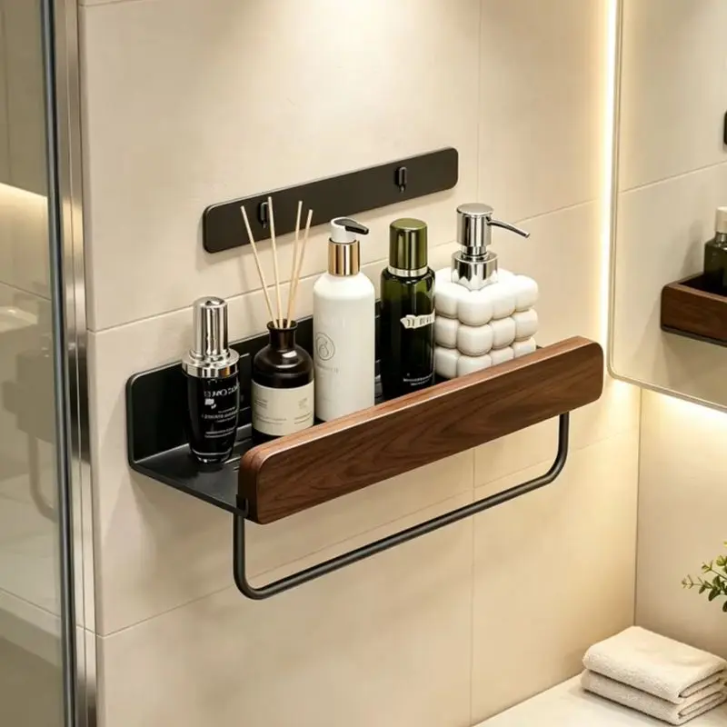 Punch-Free Walnut Wood Bathroom Organizer Holder, Upgraded Wall Mount Removable Multifunctional Storage Shelf