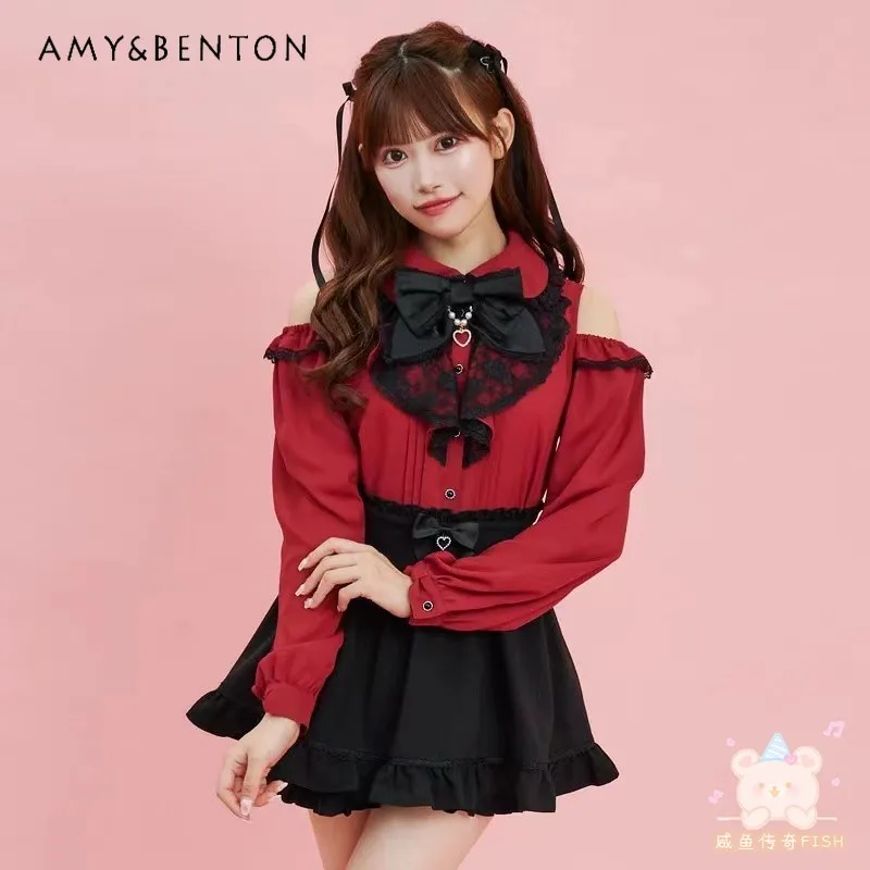 Autumn New Japanese Style Sweet Off shoulder Bow Pendant Love Long-sleeved Shirt Women Cute Lace Mine Mass-produced Lolita Shirt