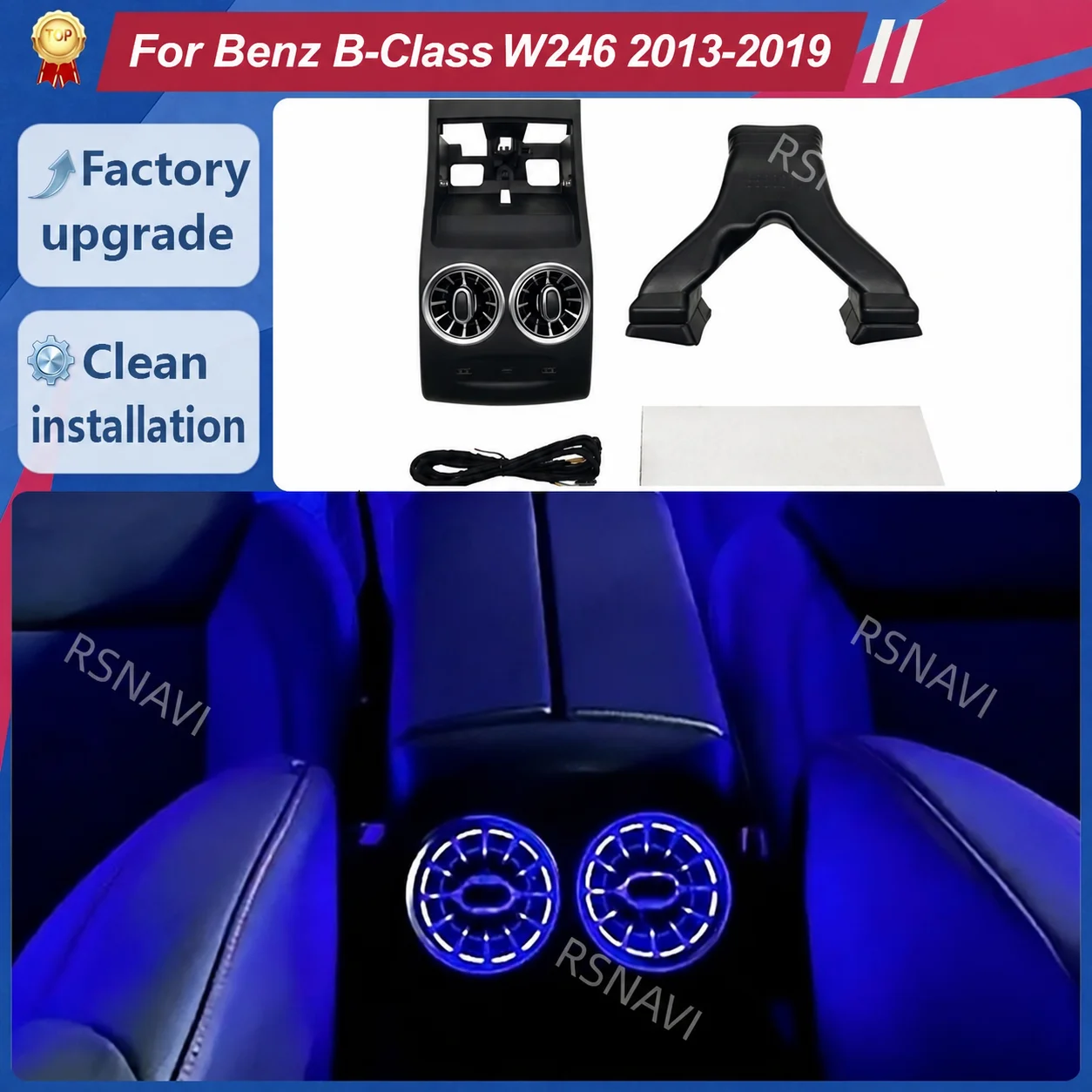 Rear Center Console Turbine-Style A/C Vent Assembly with Ambient Lighting for Mercedes-Benz B-Class W246 2013-2019 Interior Trim