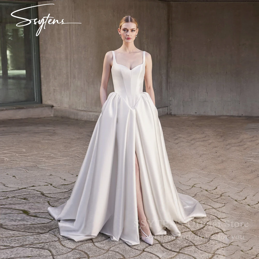 

SSYTENS Customized Elegant Satin Wedding Dress Women A-Line Bride Gowns Pockets Spaghetti Straps Bridal Dress Vestidos De Novia