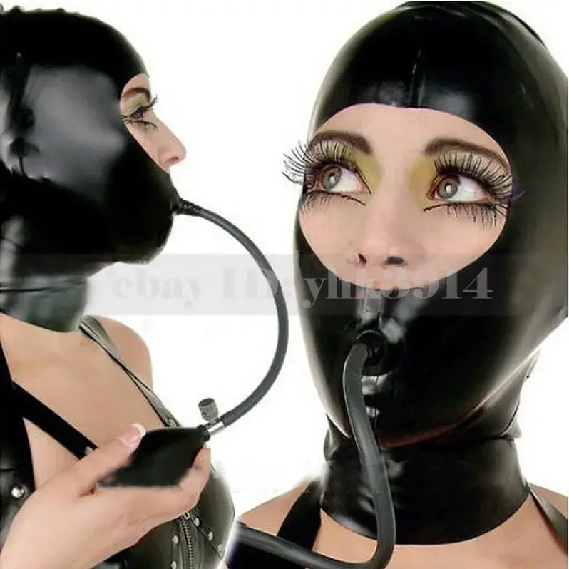 

Black Unisex Latex Hoods Mask with Mouth Inflatable Gag RLM065