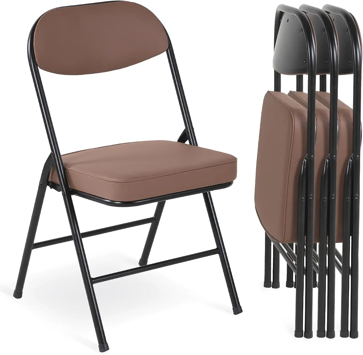Padded Folding Chairs Set of 4, Brown | Folding Chairs with Cushion and Durable Metal Frame，No Assemble Required for Party Kitch
