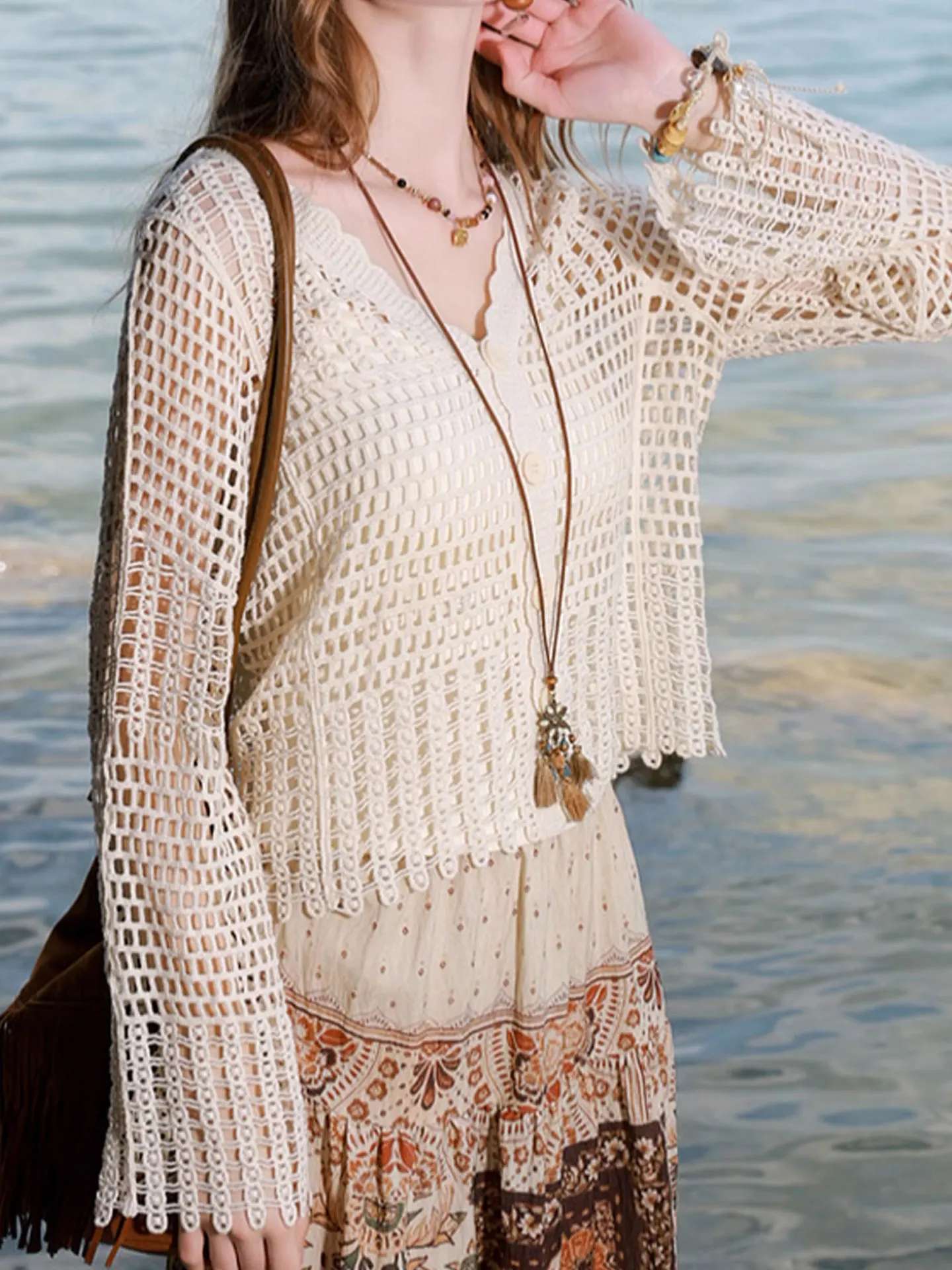 

Однотонный вязаный длинный све V-Ne ажурный топ модный летний многослойный женский свободный крой дышащая футболка