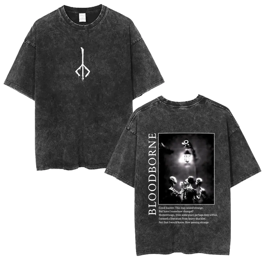 

Game Bloodborne Washed Vintage T-shirt Men Women Retro Gothic Rock T Shirt Men's Punk Oversized Short Sleeve T-shirts Streetwear