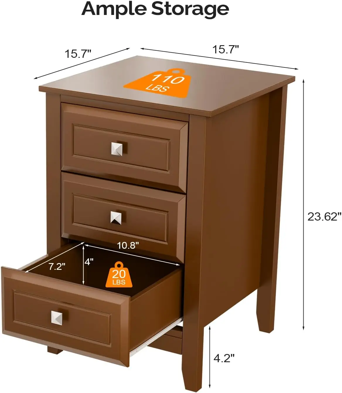 Nightstands Set of 2, 3 Drawer Night Stand for Bedroom with Metal Knobs, Wooden Bedside Table, Brown Nightstand/End Table