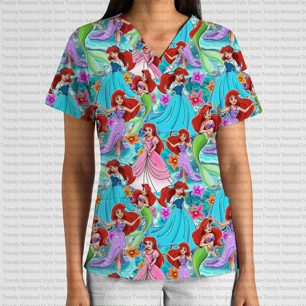 New Women's High Quality Disney Cartoon Mermaid Print Work Uniform V-Neck Pocket Scrub Top Dental Pet Shop Versatile T-Shirt