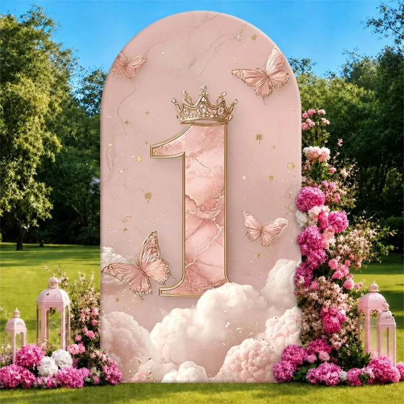 Single Side Arch Backdrop Cover Elegant Pink Marble Number 1 Birthday Backdrop with Golden Crown Butterfly and Cloud Motif