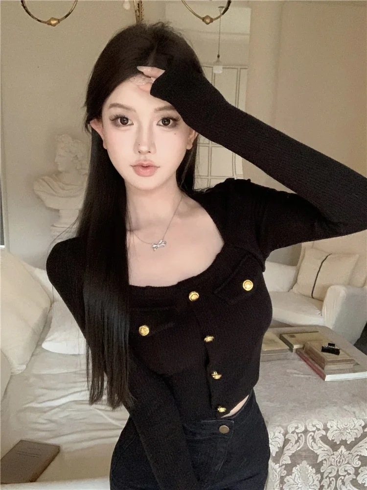 Black Cropped Cardigan Square Collar Long Sleeve Tunic Sueter Mujer Fashion Temperament Knitted Sexy Sweater Tops Pull Femme