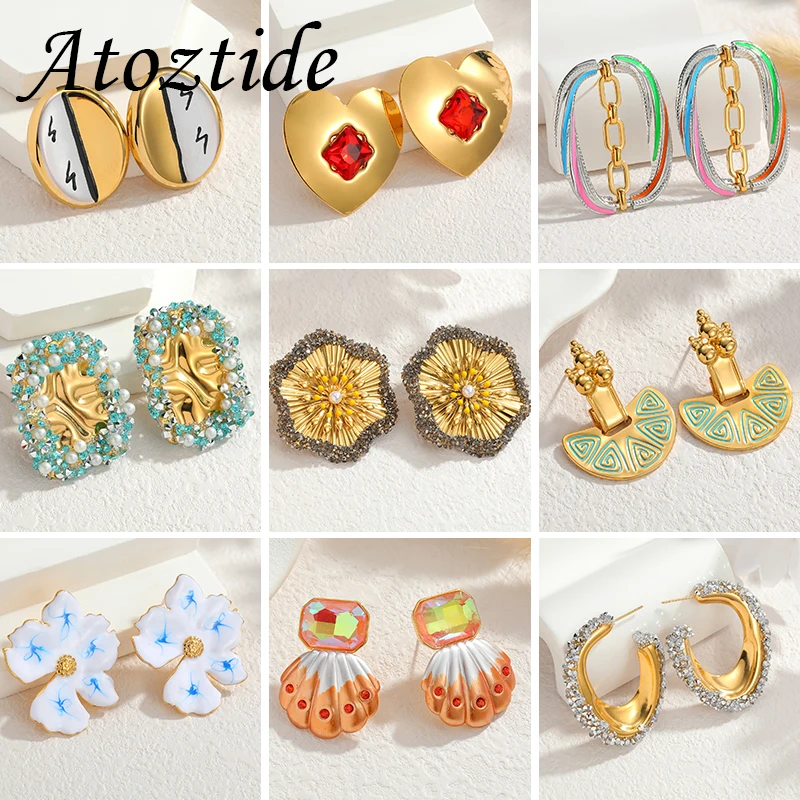 Серьги Atoztide золотого цвета, разные стили, для женщин, из нержавеющей стали, уникальный дизайн, винтажные серьги в форме сердца и цветка, ювелирные изделия, подарок