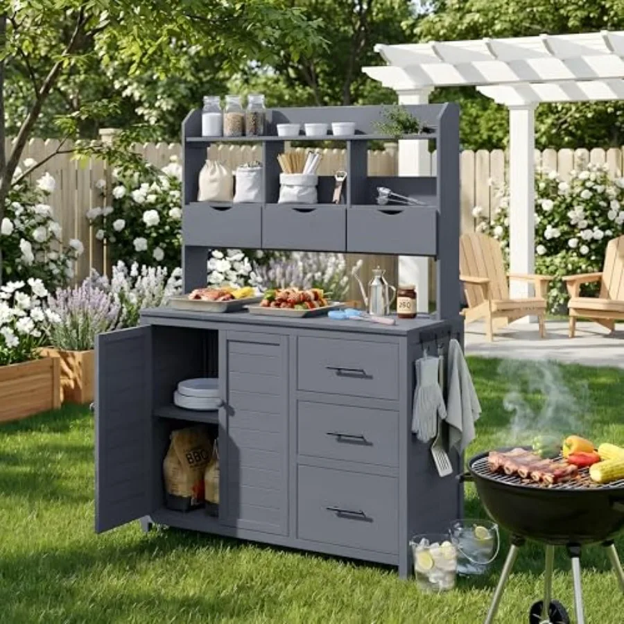 Farmhouse Patio Potting Bench 44.6''x19.5'' Large Freestanding Garden Workstation, Outdoor Kitchen Island with 6 Drawers, Botto