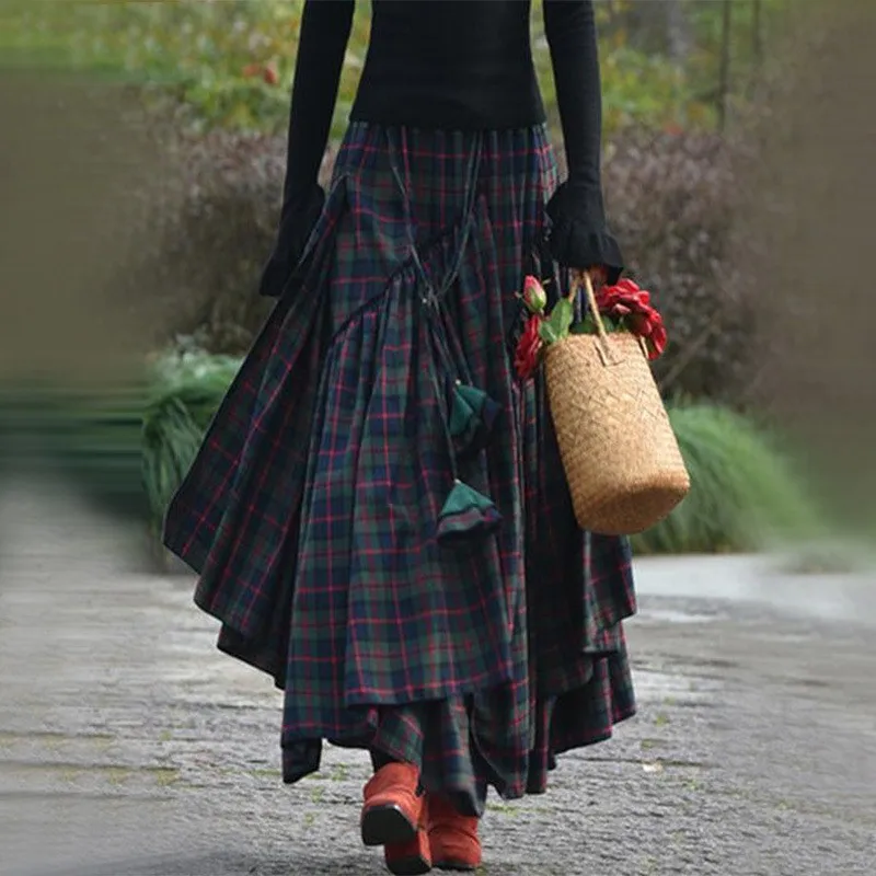 Women Asymmetrical Hem Plaid Skirt Women's High Waist Patchwork Skirts Tiered Ruffled Maxi Skirt Boho Drawstring Long Skirt