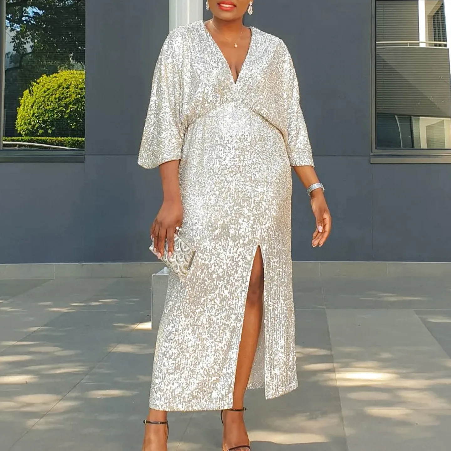 

Sequin Dress Women Ankle Length Dresses High Waist Loose Party Night Club V Neck Lantern Sleeve Slight Strech Casual Vestidos