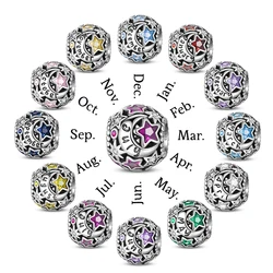 Pandach Genuine 925 Silver 12 Month Round Star Zircon Charms Bead Fit Pandach 925 Original Bracelets Fine DIY Birthday Jewelry