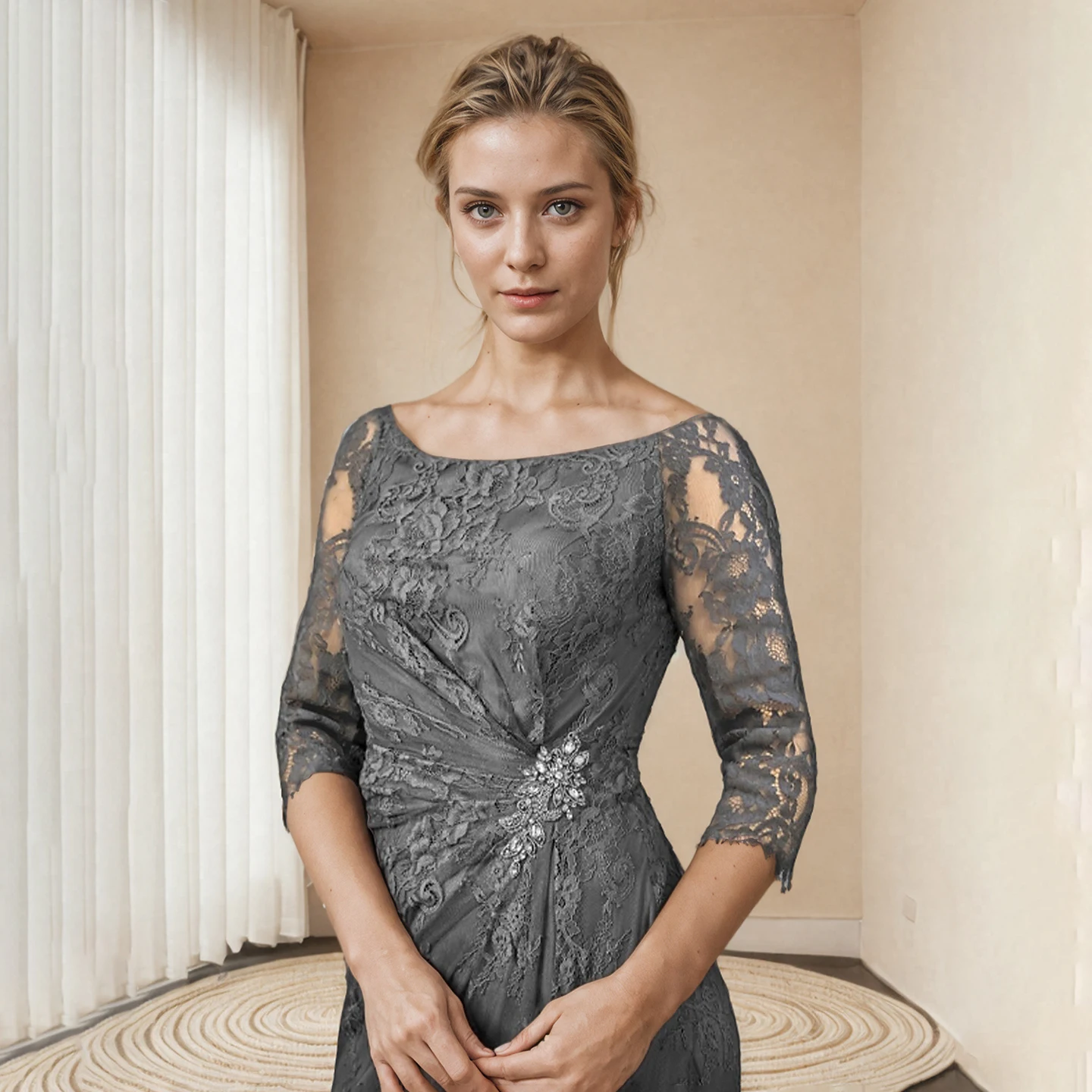 

Women's Charcoal Gray Formal Gown Three-Quarter Sheer Lace Sleeves Mother of the Bride Dress Floor-Length Ball Gown for Wedding