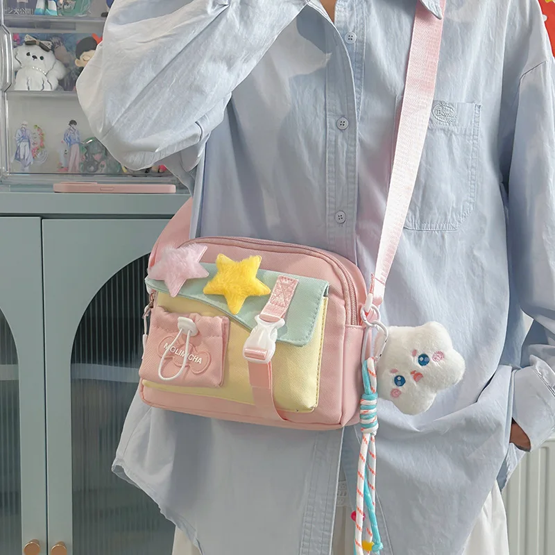 

Dopamine color-blocking, cute square small shoulder bag, cute pendant, Kawaii lightweight single-shoulder bag