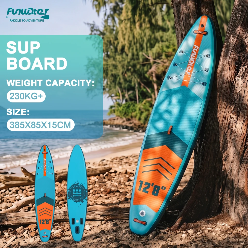 Funwater, tavola da SUP professionale gonfiabile da 385 cm, ideale per il surf, con pagaia, particolarmente larga e robusta, capacità di carico massima di 205 kg, tavola da SUP per attività