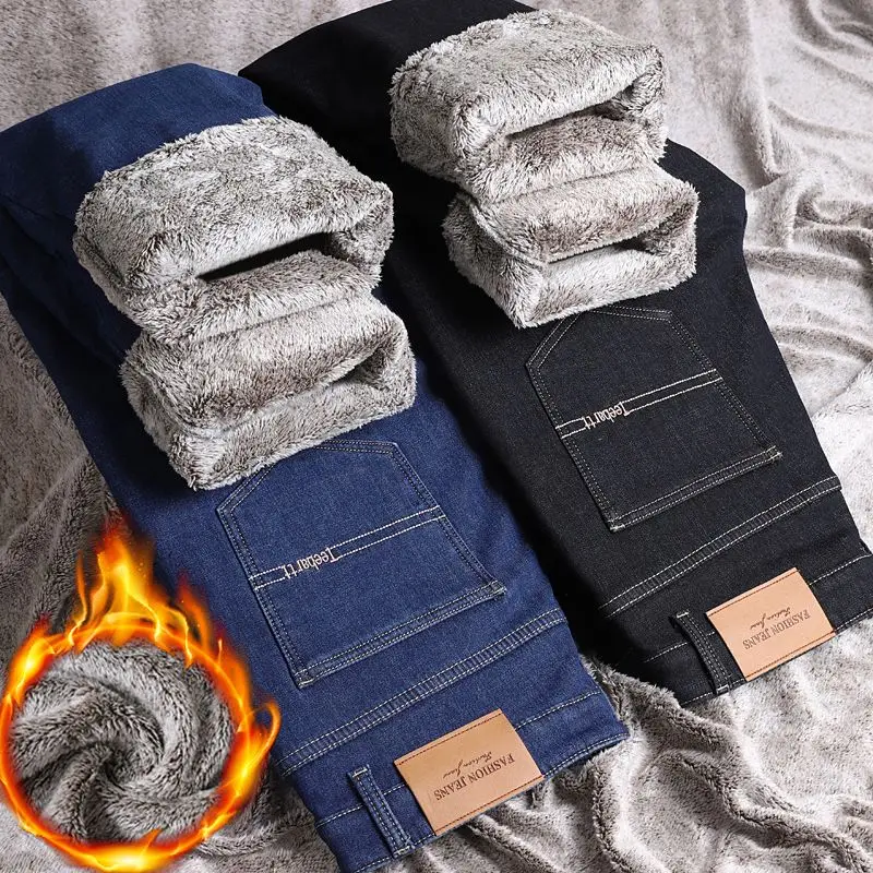 Brand Clothing Winter Fleece Thermal Classics Vintage Men's Jeans Thicken Stretch Denim Pants Work Flocking Trousers Streetwear