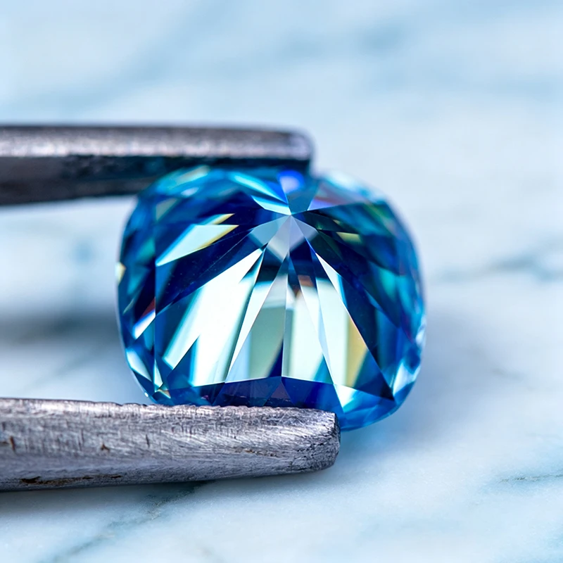 Moissanit-Stein im Kissen-Schliff, Aquamarin-Edelstein für DIY-Schmuckherstellung, besteht den Diamanttest mit Zertifikat – Detail 6