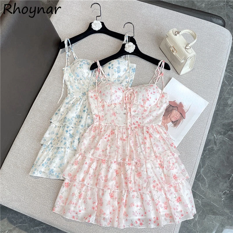 

Floral Dresses Women Lace-up Hotsweet College A-line Vintage Fashion Ulzzang Ins Personality Korean Style Mini Summer Sleeveless