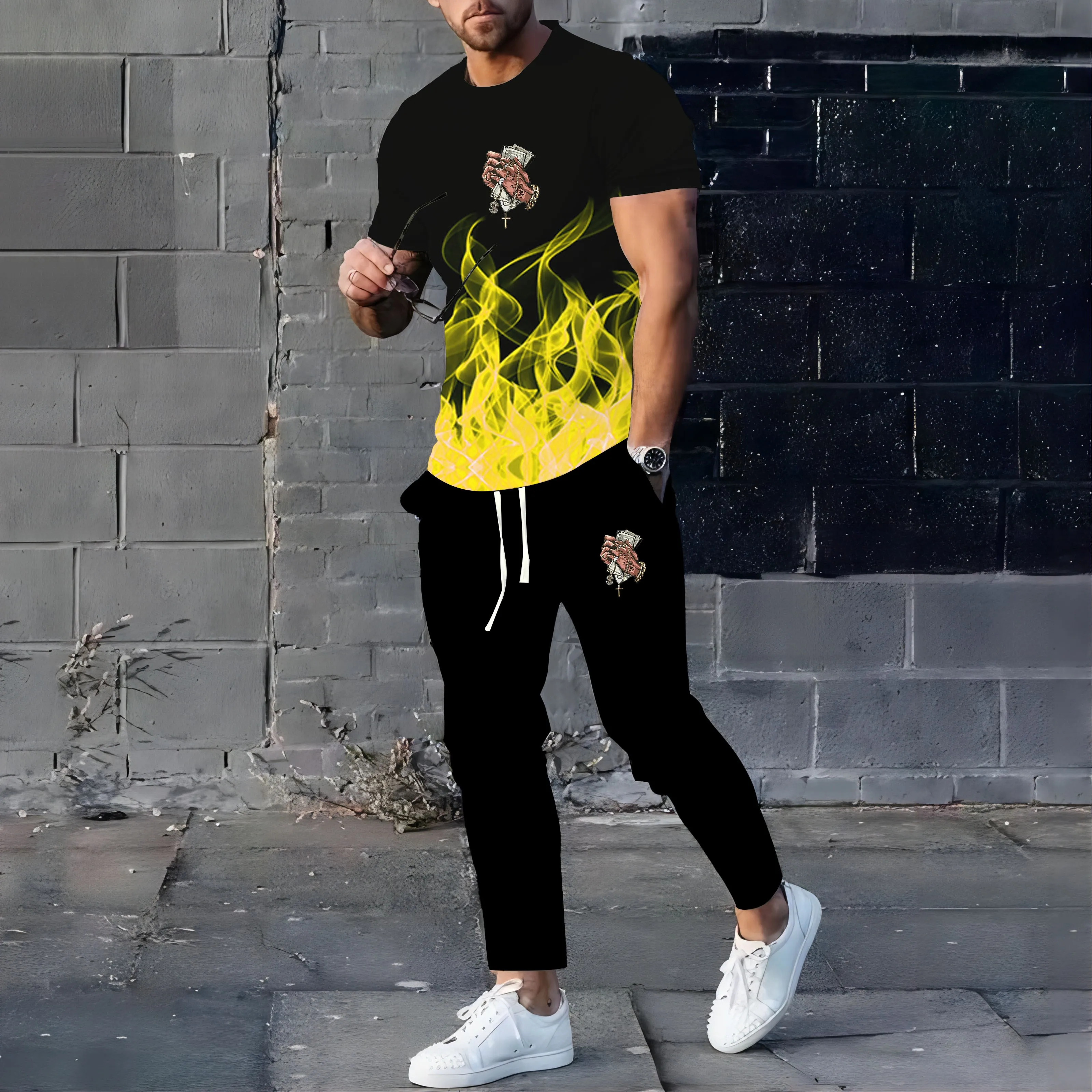 Men\'s sports suit 3D printed short-sleeved T-shirt summer sports trousers two-piece set 2024 hot selling fashion new style