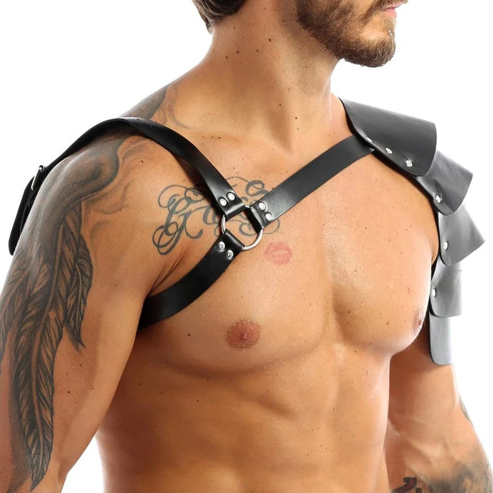 Black Men\'s Leather Sexy Body Harness Cross Shoulder Armor Fetish Halter Lingerie Adjustable Buckle Rave Club Outfit