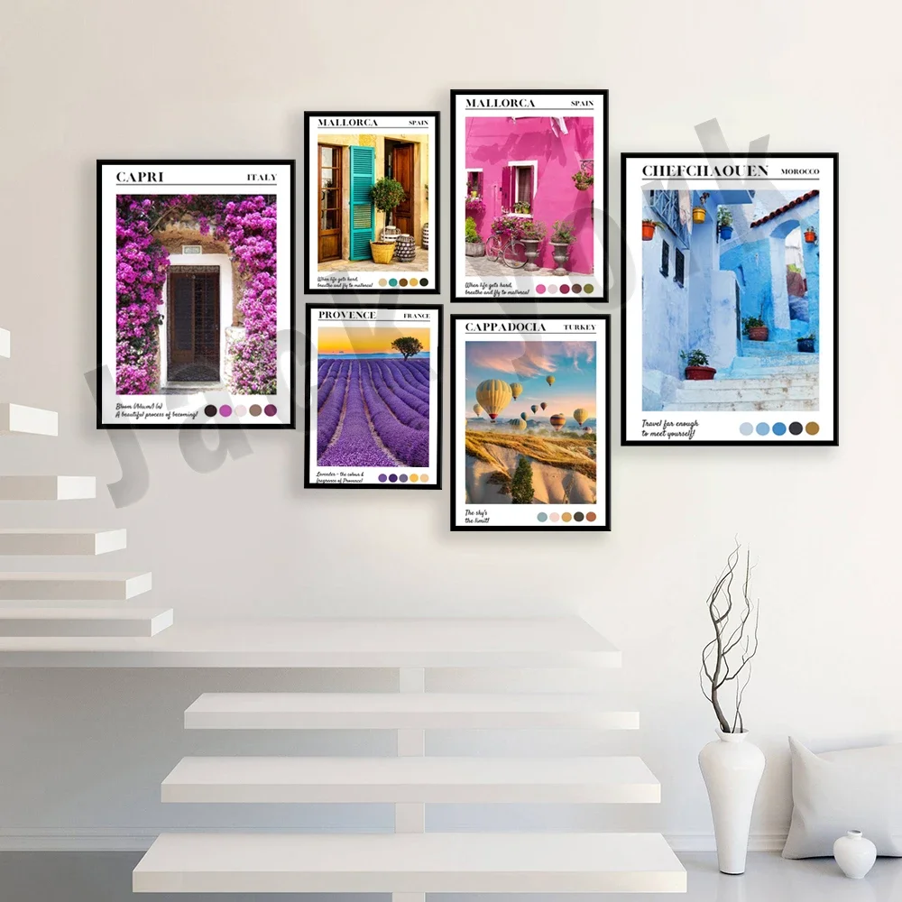 

Travel poster for Mallorca, Spain, Provence, France, Positano, Amalfi Coast, Venice, Cappadocia, Capri, Rif Mountains Morocco