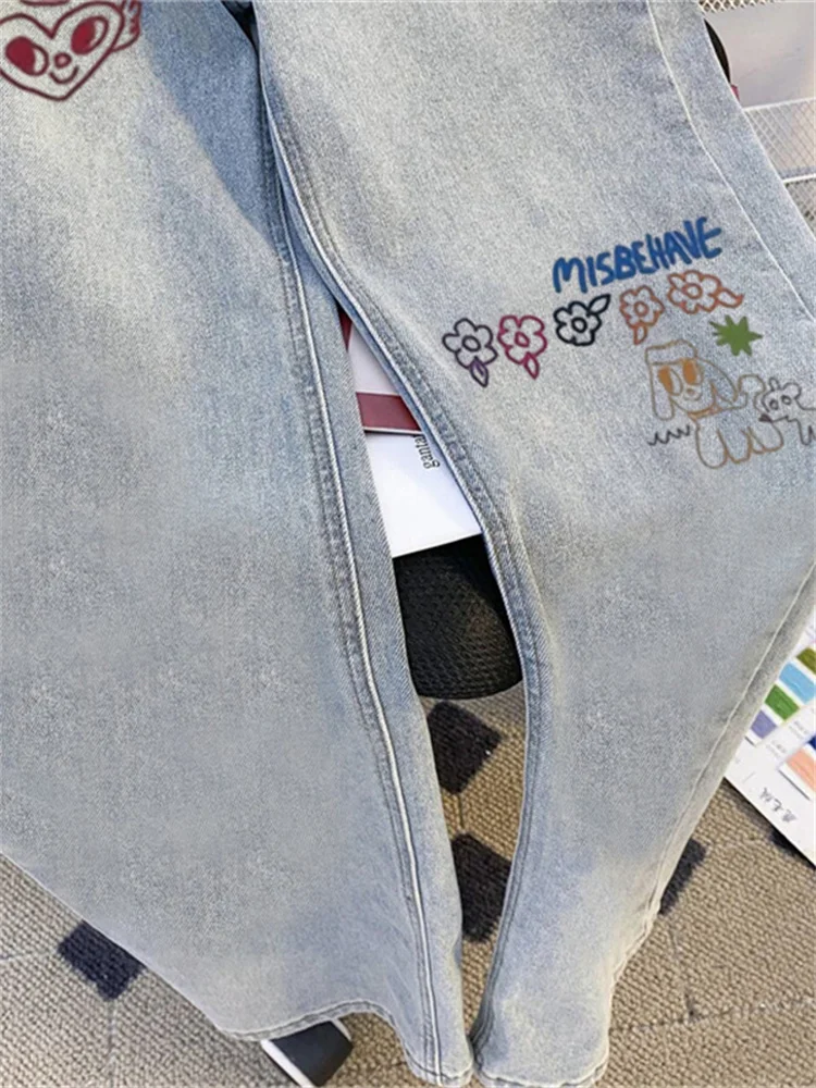 بنطلون جينز أمريكي مطبوع بأرجل واسعة من American Sle Fiti، بنطال جينز طويل عالي الخصر للصيف كسول وفضفاض #4