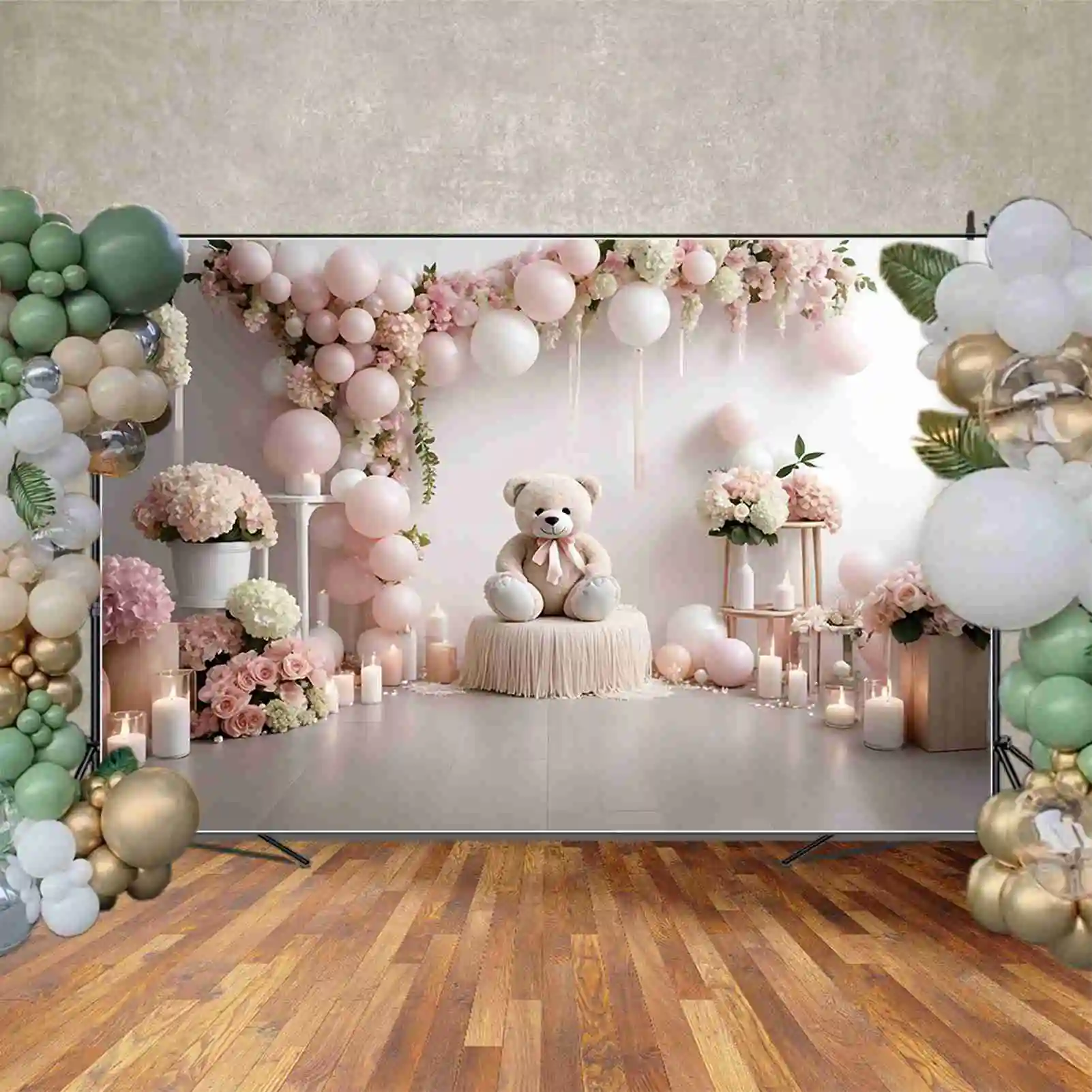 MOON.QG-telón de fondo con diseño de oso de peluche, accesorio de fotografía personalizado para fiesta de cumpleaños, guirnalda con globos florales para niña