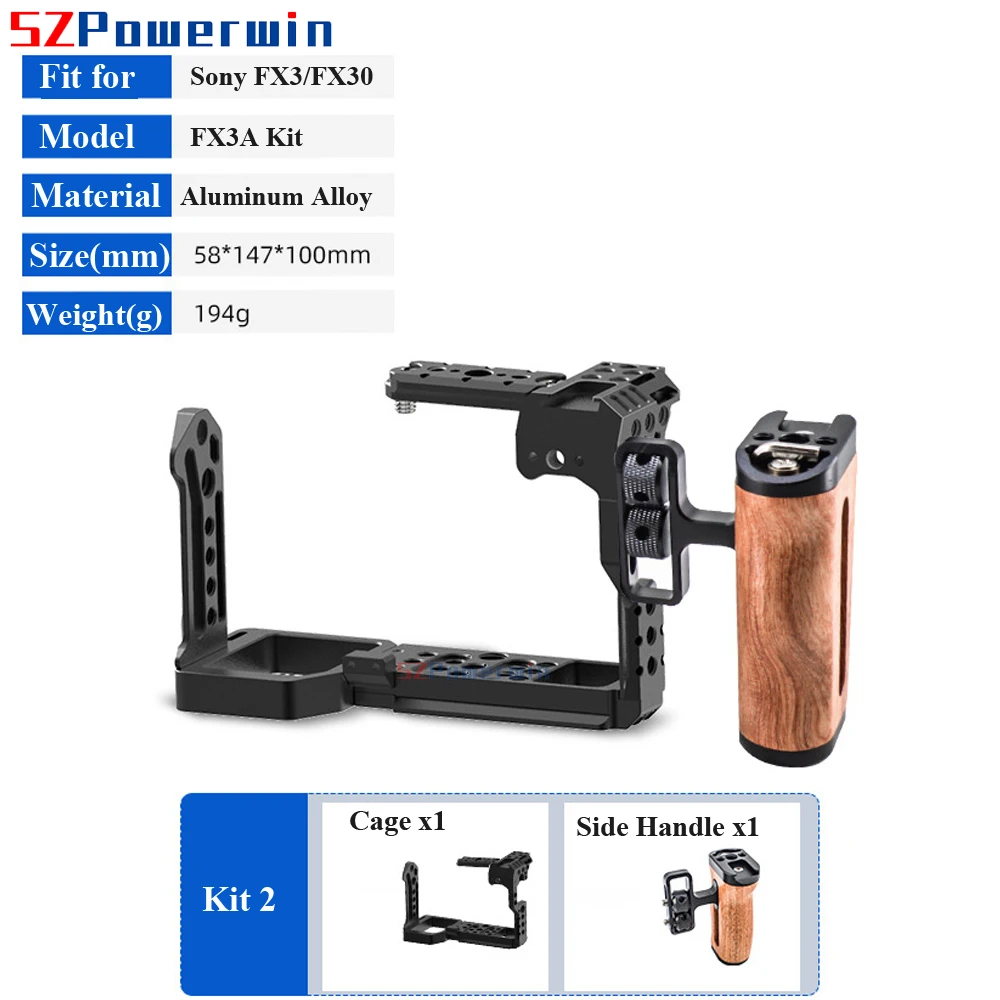 Powerwin For Sony FX3 FX30 Camera Cage with wooden Handle Kit  Aluminum Alloy Arri Locating Screw Protective Rig Frame Gimbal