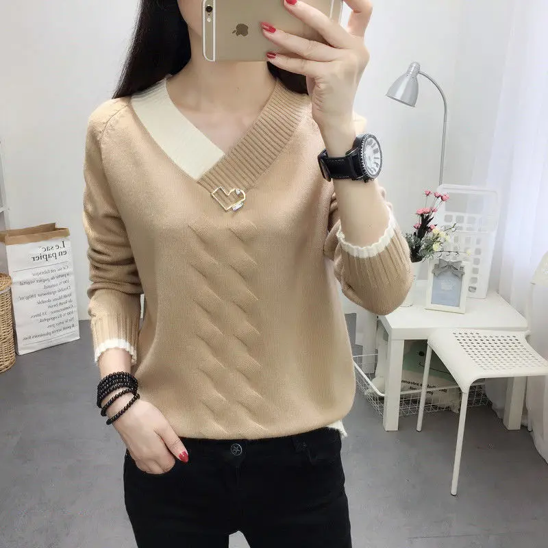 All-match Autumn Winter Rivet V-Neck Screw Thread Knitted Pullover Women's Clothing Sweater Knitted Elegant Flattering Tops