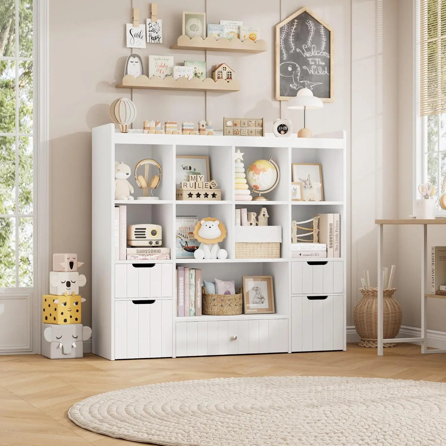 Large 48W Kids Toy Storage Organizer with Removable Bins, Bookshelf and Drawers