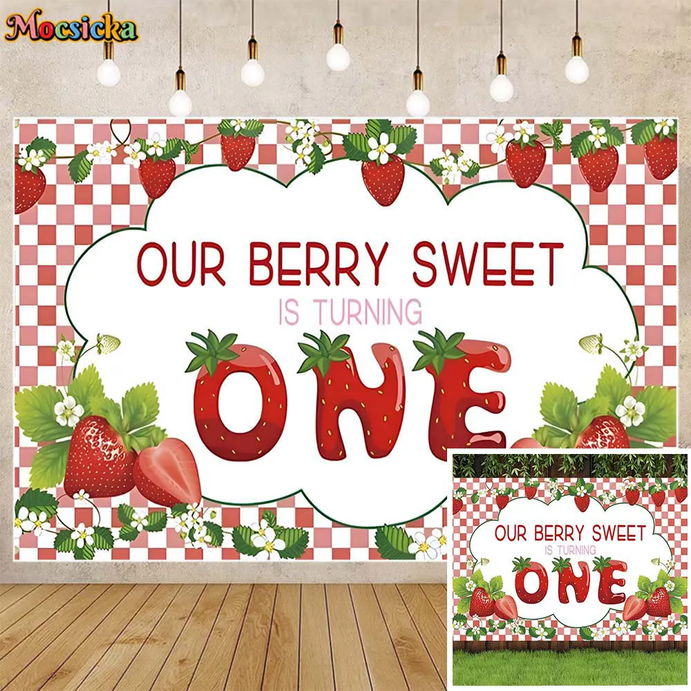 

Mocsicka Strawberry Theme Girl 1st Birthday Backgtound Our Berry Sweet Is Turning One Party Decor Backdrops Dessert Table Banner