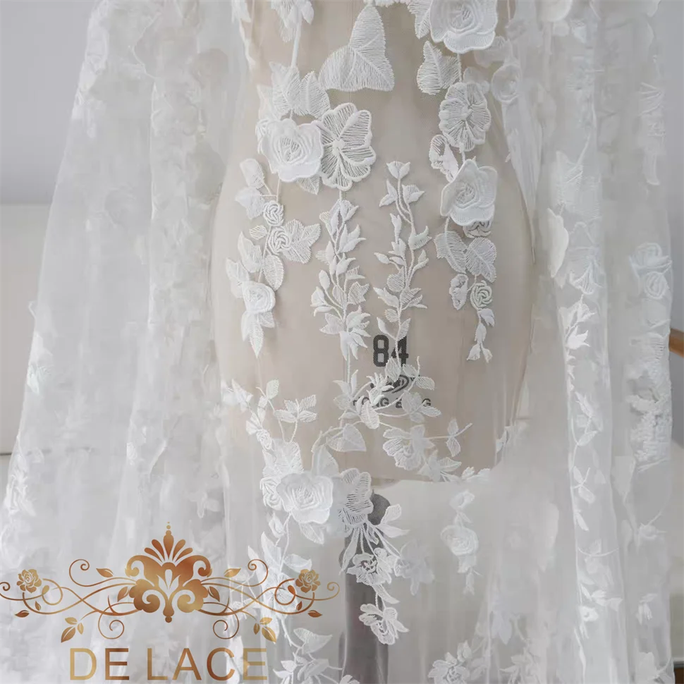 

JZQ Delicate New Fashion 3D Flower Lace Floral Embroidered Fabric Soft Tulle Mesh for Wedding Dresses
