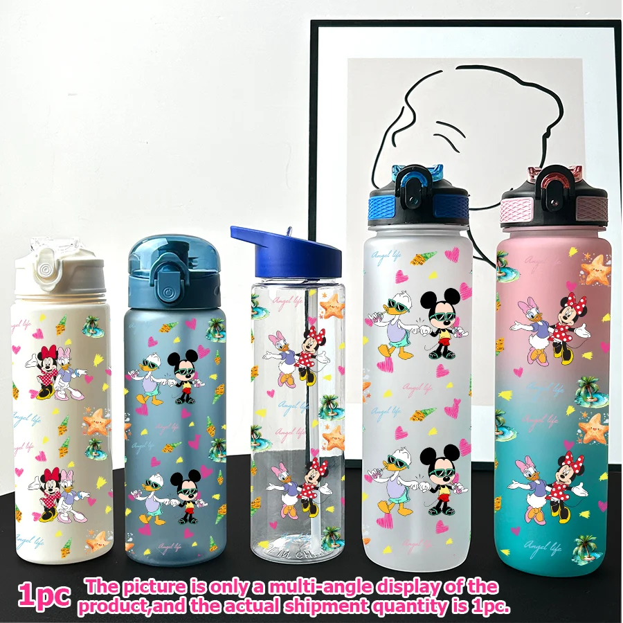 

1 шт., мультипластиковая бутылка для воды с принтом Микки Мауса и Минни, 23-32 унции, портативная спортивная чашка для воды, подарок на день рождения