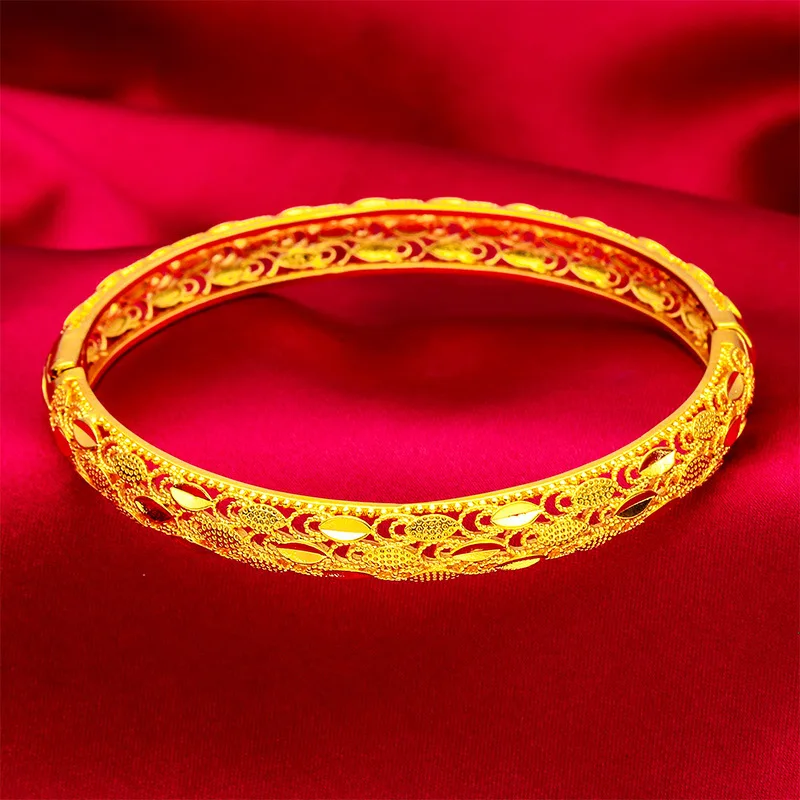 24K Gold AU999 Women's Feather Clasp Bracelet - 3D Feather Relief , Clasp Design Easy Wear, Luxury Dynamic Flattering