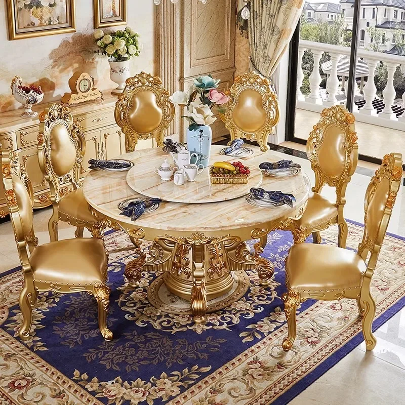 European dining tab le marble round t able full solid wood carving flower home din ing table hotel hot pot t able